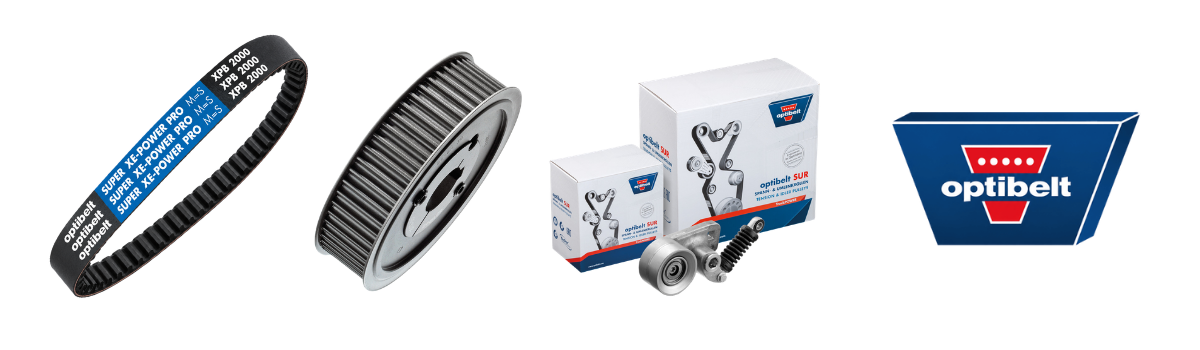 optibelt SUPER XE-POWER PRO M=S cogged wedge belt, a timing belt pulley, optibelt SUR belt tensioner kit boxes with a tensioner unit, and the blue and red optibelt logo